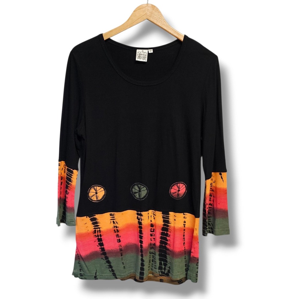 Parsley & Sage Tunic Top M Womens Black Tie Dye Hem Scoop Neck Artsy Boho Hippie